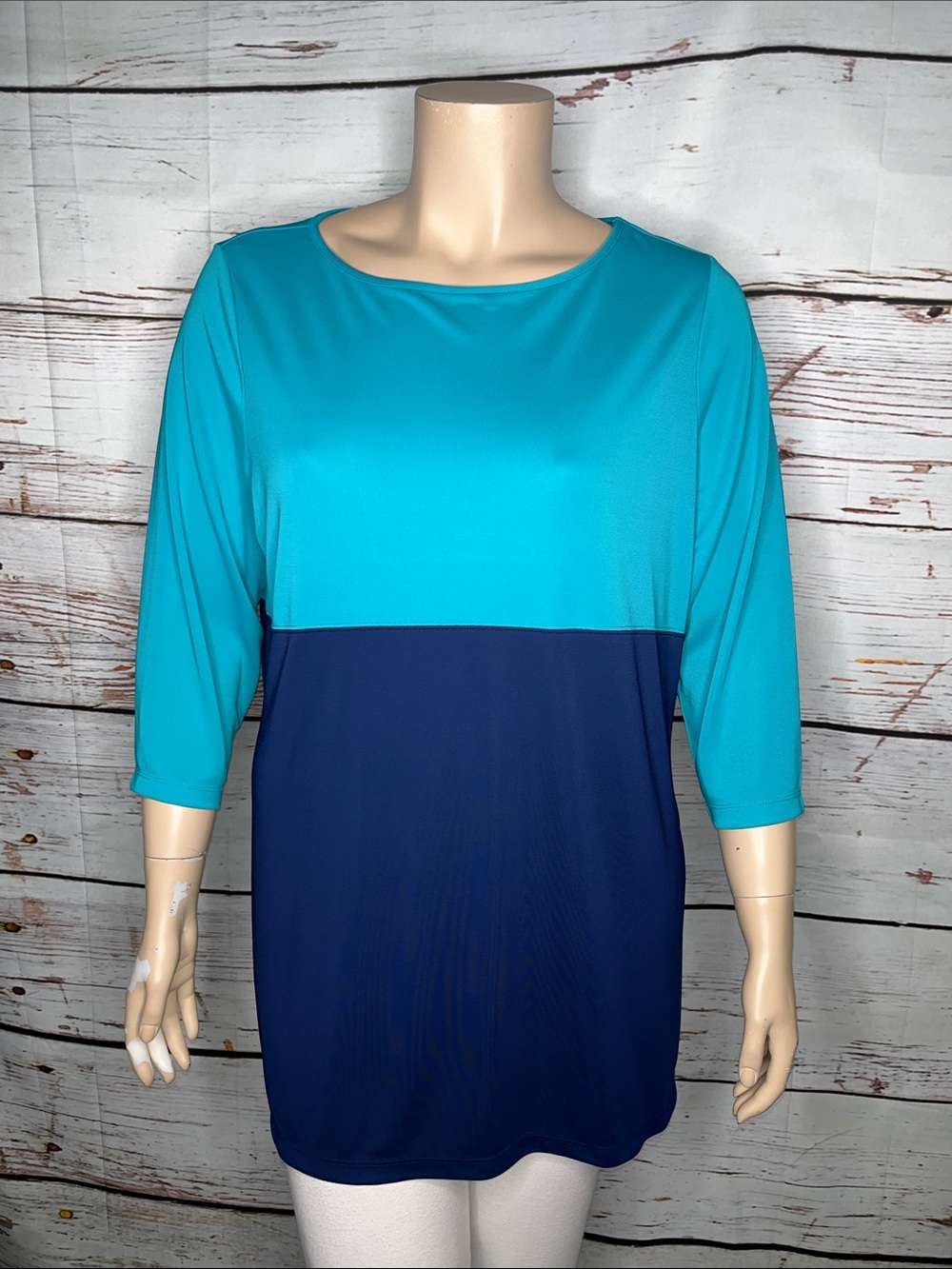 Susan Graver Premier Size 1X Blue & Navy Colorblock Tunic Blouse Top